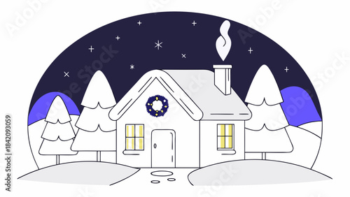 Winter Night Snowy House with Wreath and Smoke, Christmas Season Illustration