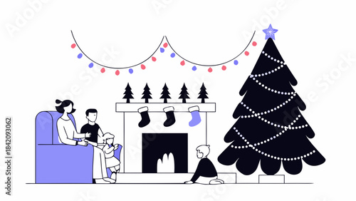 Cozy Family Christmas Living Room with Fireplace, Stockings and Tree Illustration