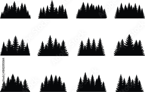 Various black silhouettes of pine trees and forest landscapes on white background