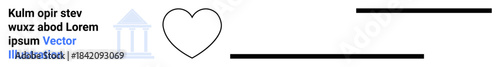 Relationships, architecture, minimalism, love, communication, branding. A heart accompanied by text lines and an icon of a column. Relationships and communication concept