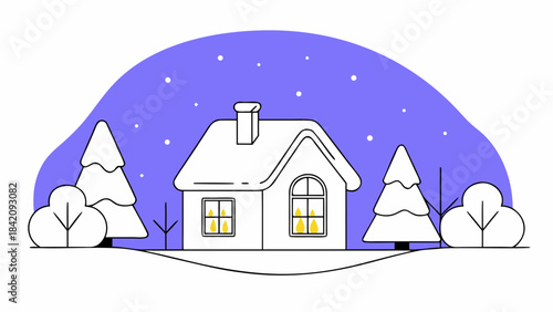Snowy Winter Cottage at Night with Trees, Minimal Vector Illustration 