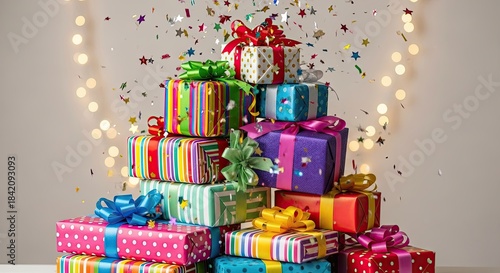 Stack of colorful Christmas gifts with confetti, festive holiday surprise, joyful celebration