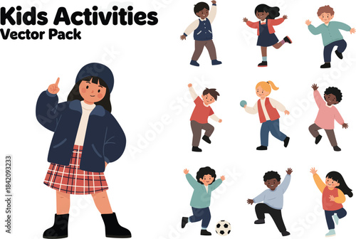 A collection of cute vector illustrations depicting diverse children's daily play and activities