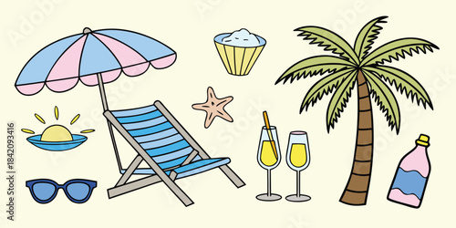 Summer vacation beach elements set Vector
