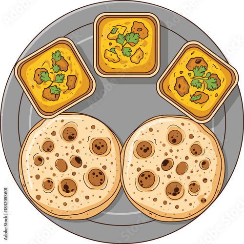 Vector illustration of traditional Indian meal with curry bowls and flatbreads served on a plate in detailed style.
