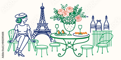 Paris cafe scene with eiffel tower and woman Vector