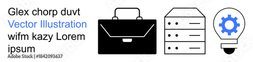 Business solutions, technology systems, IT services, innovation, entrepreneurship, data storage. A briefcase, a server cluster and a lightbulb icon with a gear. Business solutions and technology