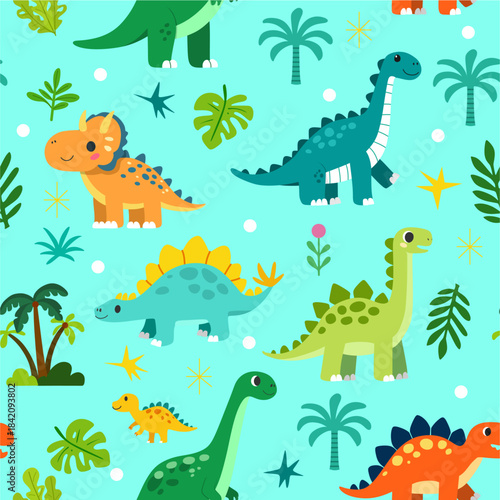 A seamless pattern with cute, colorful cartoon dinosaurs and tropical plants on a light blue background.