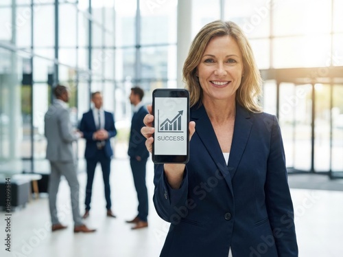 Smiling businesswoman showing growth chart on smartphone in modern office.