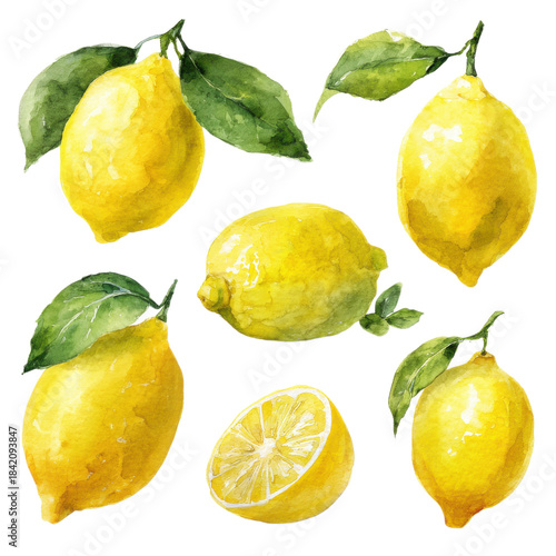 Lemons displayed on a white background with leaves on transparent background