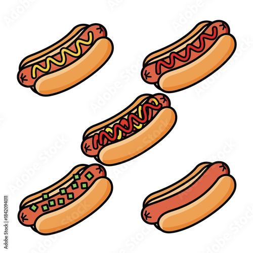 Five cartoon hot dogs with various toppings, including mustard, ketchup, relish, and plain, in a vibrant illustration.