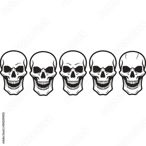 Five menacing human skulls with wide grins in a bold black and white line art style.