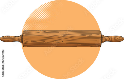 Wooden rolling pin illustration for baking and cooking designs with textured details and round background element.