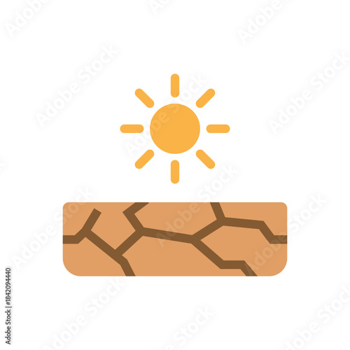 Flat drought disaster icon showing dry cracked land and extreme heat symbol in simple minimal design.