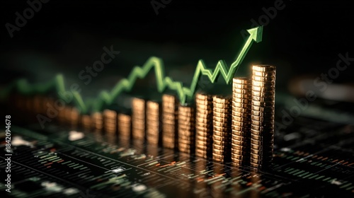 Depicting financial growth with a stack of coins and a rising green line. ..Created with Generative AI, not depicting real subjects.