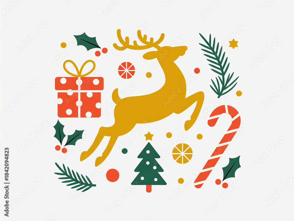 Naklejka premium A flat, minimalist illustration of Christmas-themed elements arranged on a white background.