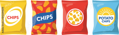 Colorful vector illustration of assorted potato chips packaging bags with different designs and labels for snack food branding.