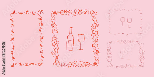 Hand drawn red wine bottle glass and decorative frames on pink background