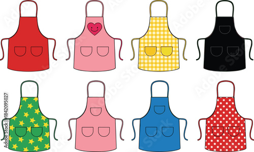 Colorful collection of kitchen aprons with various patterns and designs in cute decorative vector illustration for cooking themes.