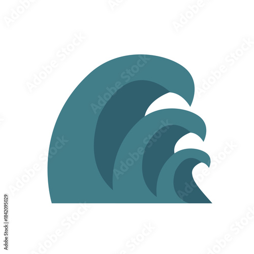 Flat tsunami disaster icon showing giant ocean wave and coastal hazard warning in clean minimal flat design.