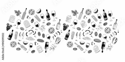 A delightful arrangement of wine food and celebratory elements in monochrome