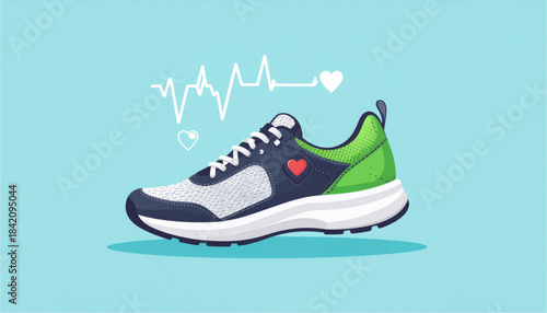 Athletic Running Shoe with Heartbeat Line and Heart Icon Illustration for Health and Fitness Concepts