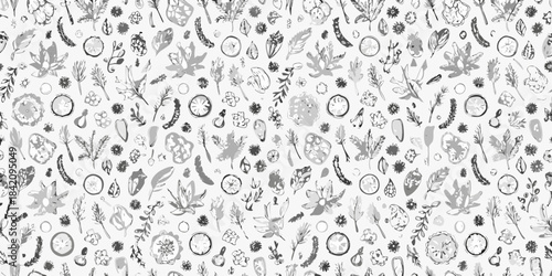 Intricate botanical illustration featuring various plant life and circular designs