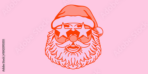 Cool santa claus face with star shaped glasses and a red hat