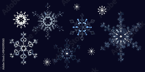 An artistic rendering of delicate crystalline snowflakes against a dark background