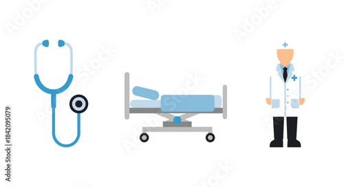 Flat design doctor character standing in white lab coat and cap.