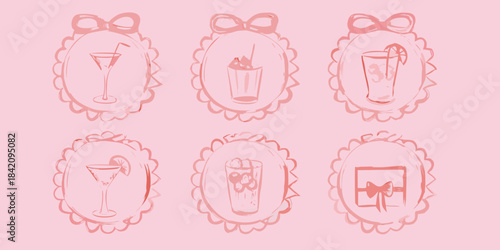 Sketch illustrations of various cocktails within ornate decorative frame designs