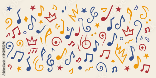 A colorful pattern of musical notes symbols and crowns on a beige background