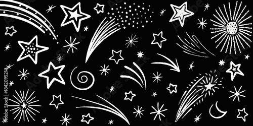 A whimsical collection of hand drawn stars shooting stars and sparkling fireworks