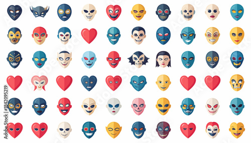 Collection of diverse cartoon faces and heart shapes in a grid pattern.