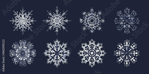 Detailed illustration of various intricate snowflake designs on a dark background
