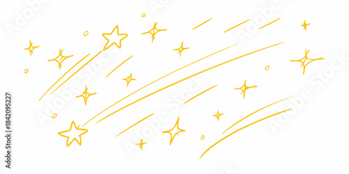 Golden stars and streaks a whimsical hand drawn illustration on a white background