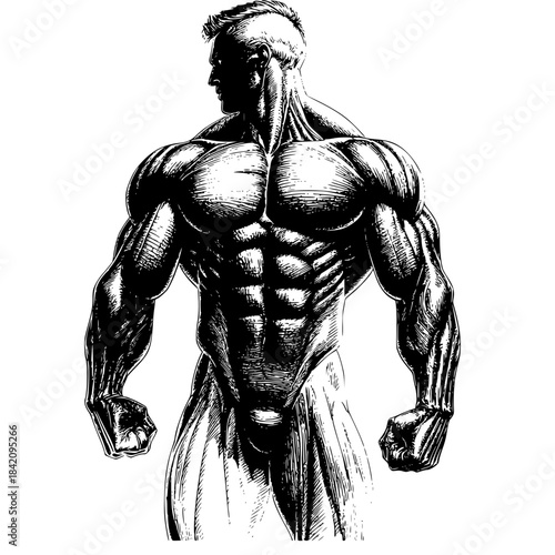 The Anatomy of Strength: A striking grayscale illustration of a muscular figure, showcasing the intricate details of human anatomy, sculpted physique, and embodiment of physical prowess.