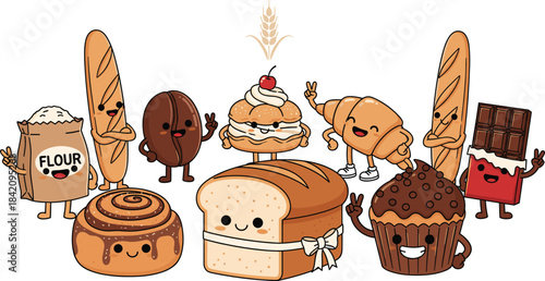 Cute bakery food characters vector illustration featuring bread, pastries, desserts, and ingredients in a fun cartoon kawaii style.
