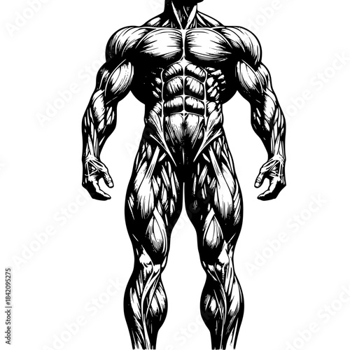 Muscular Anatomy: A detailed, stylized illustration of the human form, highlighting the intricate network of muscles.