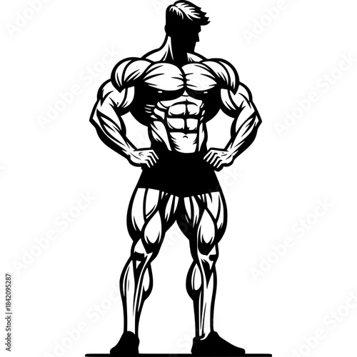 Muscular Silhouette: A stark black and white depiction of a powerful, sculpted physique, embodying strength and dedication.