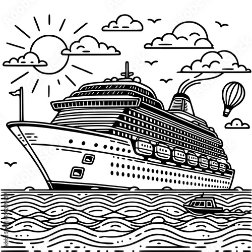 Cruise Ship Adventure: A detailed illustration of a majestic cruise ship sailing gracefully on the open sea under a bright, sunny sky, capturing the spirit of adventure and luxury travel.