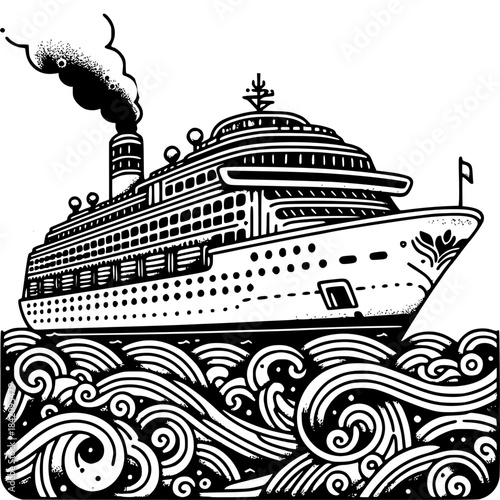Journey of the Sea: A cruise ship navigates the sea. With its detailed design, this illustration embodies the essence of travel, adventure and leisure.