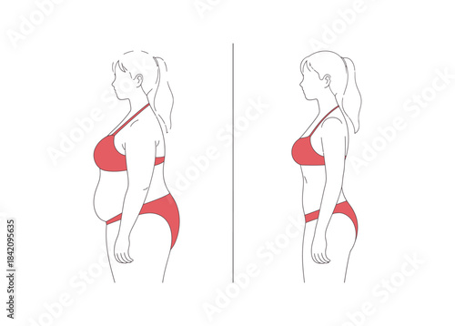 Female body transformation before and after illustration showing fitness, weight loss, slimming, and healthy lifestyle progress