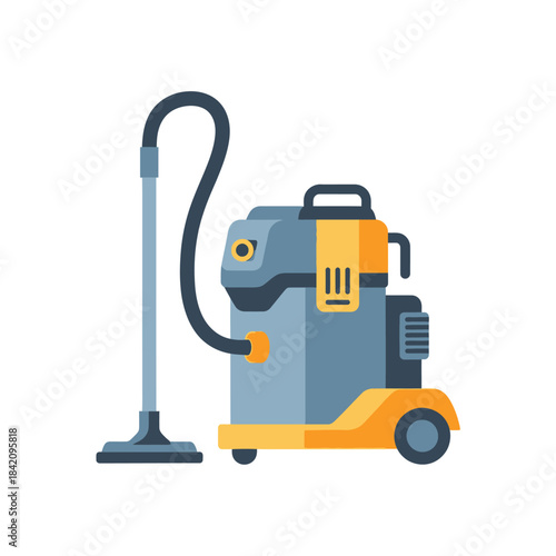 Flat Illustration of a Modern Industrial Vacuum Cleaner with Hose and Wheels.