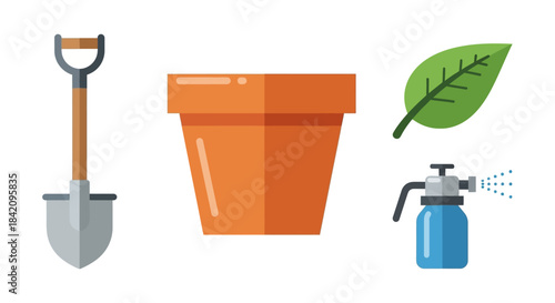 Flat Design Gardening Tools and Plant Care Supplies Vector Illustration Set.