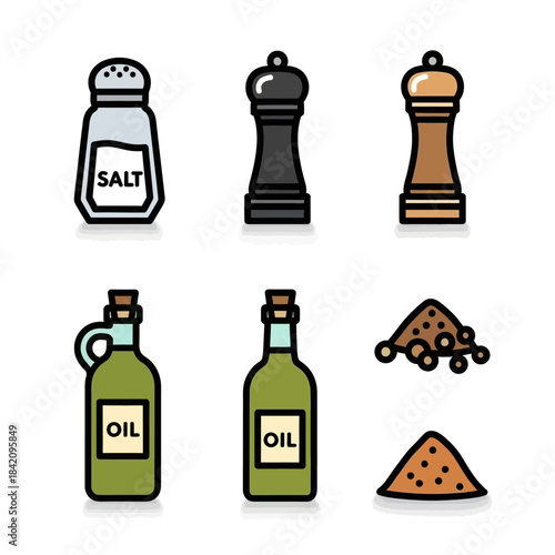 Flat design icon set of kitchen condiments - salt shaker, pepper mills, oil bottles, and spices.