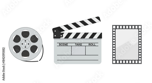 Flat design illustration set of classic cinema equipment - a film reel, open clapperboard, and filmstrip.