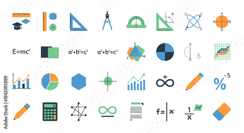 Flat design mathematics and education icons set, featuring geometric shapes, scientific symbols, and school tools.