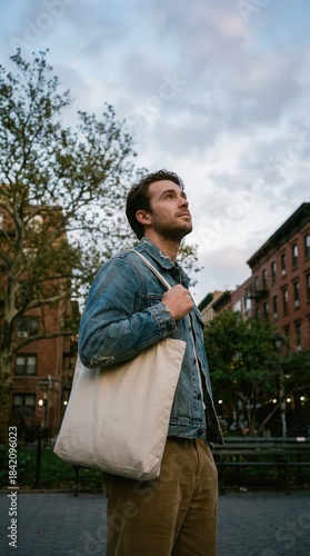 Young man with tote bag looking up at the sky in an urban park.