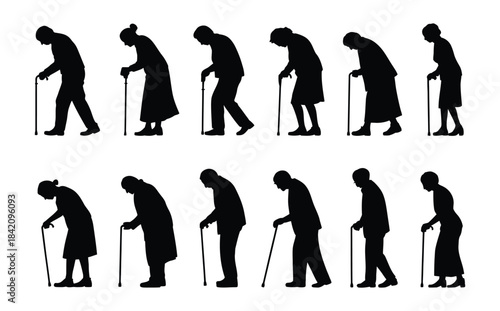 Elderly people walking with canes in various poses